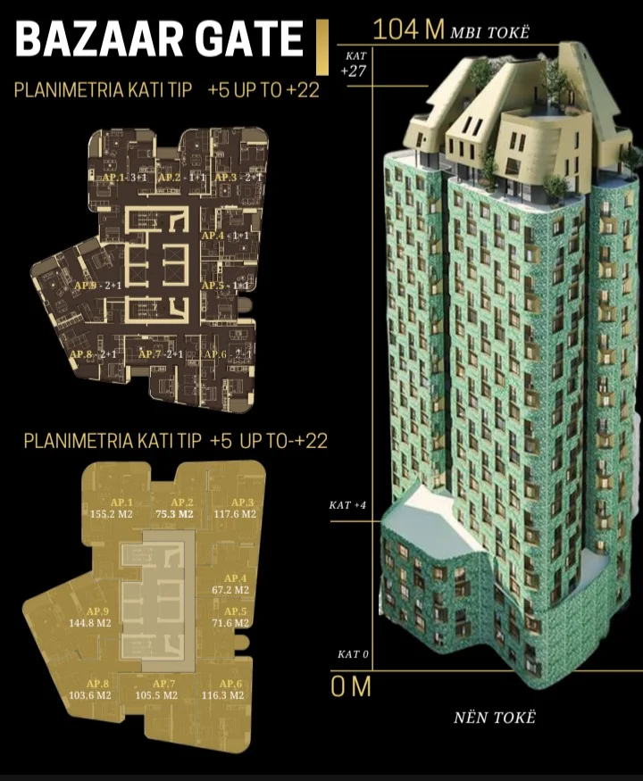 Tirane, shitet apartament 1+1 Kati 8, 73 m² 210.000 € (Bazar Gate Pazar Ri)