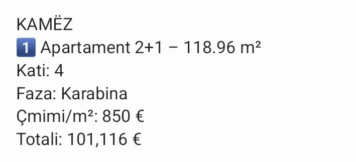 Tirane, shitet apartament 2+1 Kati 4, 118 m² 101.116 € (Kamez)