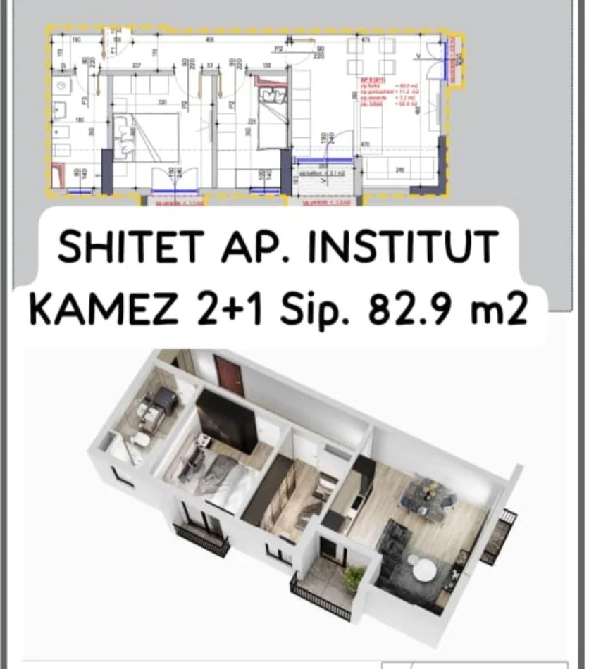 Tirane, shitet apartament 2+1 Kati 4, 83 m² (INSTITUT KAMEZ)