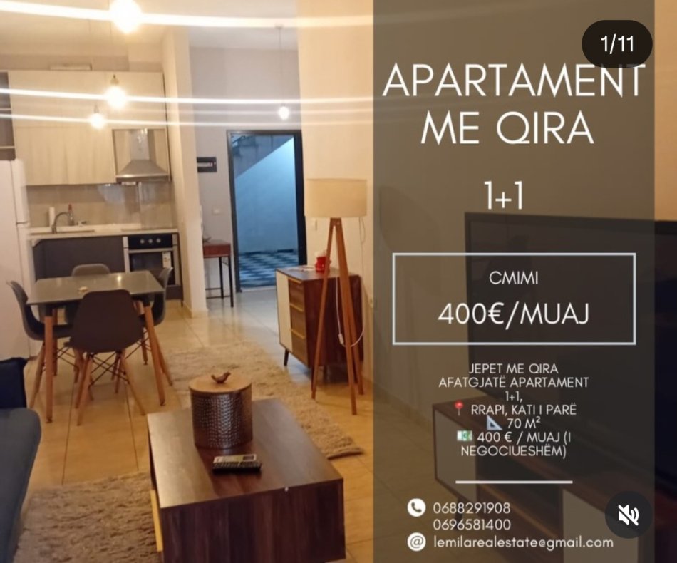 Vlore, jepet me qera apartament 1+1 Kati 1, 400 € 