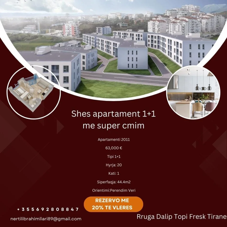 Tirane, shes apartament 1+1+Ballkon Kati 0, 44 m² 63,000 € (Rruga Dalip Topi