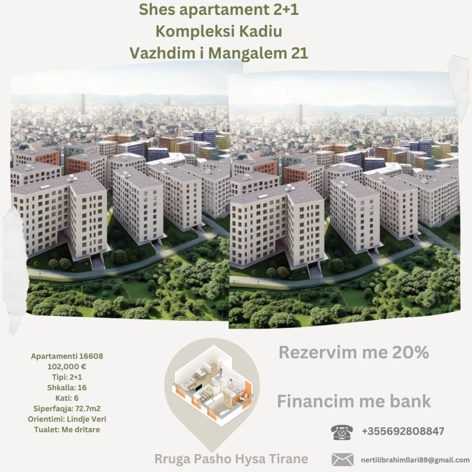 Tirane, shes apartament 2+1+Ballkon Kati 6, 73 m² 102.000 € (Rruga Pasho Hysa Ali Dem Tirane)