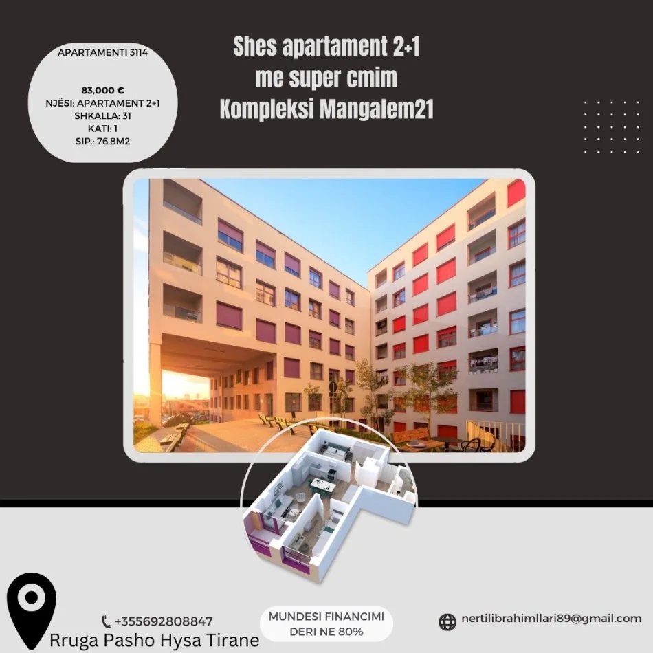 Tirane, shes apartament 2+1+Ballkon Kati 0, 77 m² 83.000 € (Rruga Pasho Hysa Tirane)