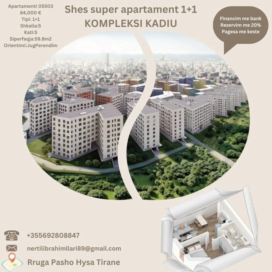 Tirane, shes apartament 1+1+Ballkon Kati 5, 60 m² 84.000 € (Rruga Pasho Hysa Ali Dem Tirane)