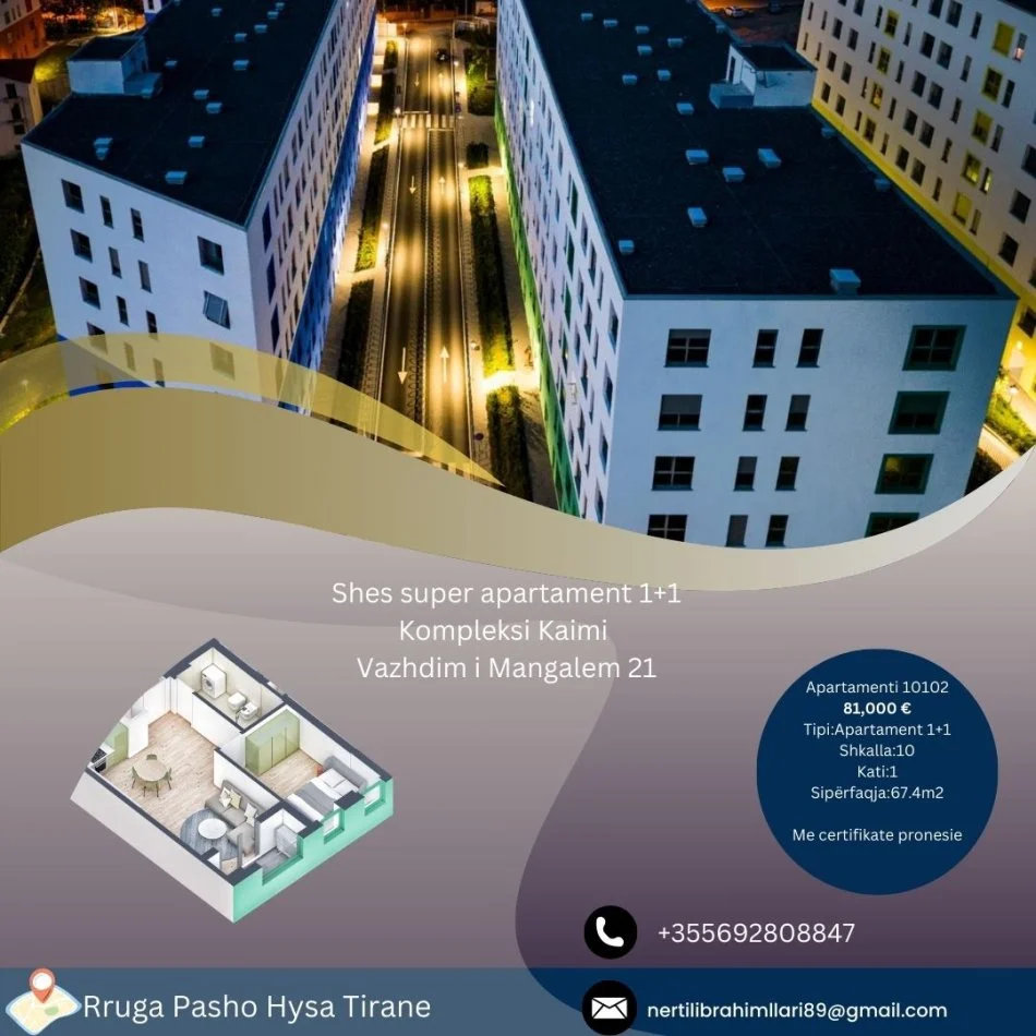 Tirane, shes apartament 1+1+Ballkon Kati 0, 67 m² 81.000 € (Rruga Pasho Hysa Tirane)