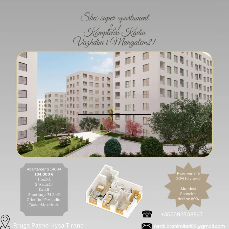 Tirane, shes apartament 2+1+Ballkon Kati 6, 74 m² 104.000 € (Rruga Pasho Hysa Tirane)