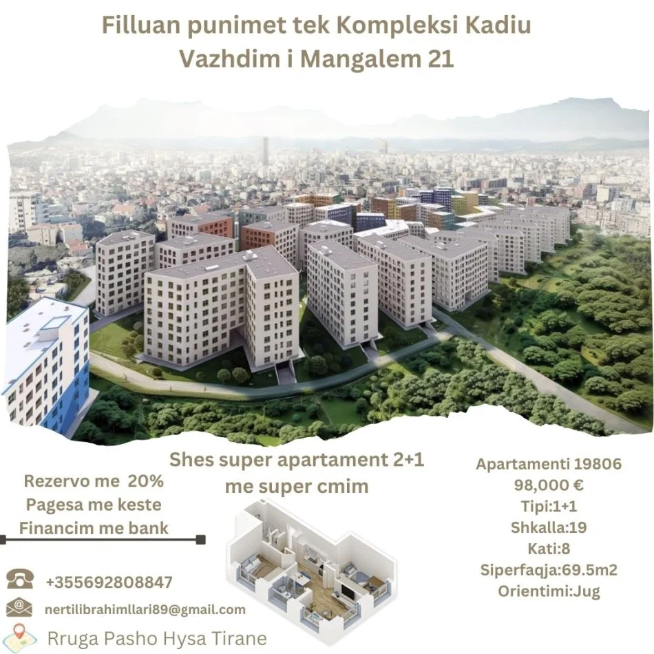 Tirane, shes apartament 2+1+Ballkon Kati 8, 70 m² 98.000 € (Rruga Pasho Hysa Ali Dem Tirane)