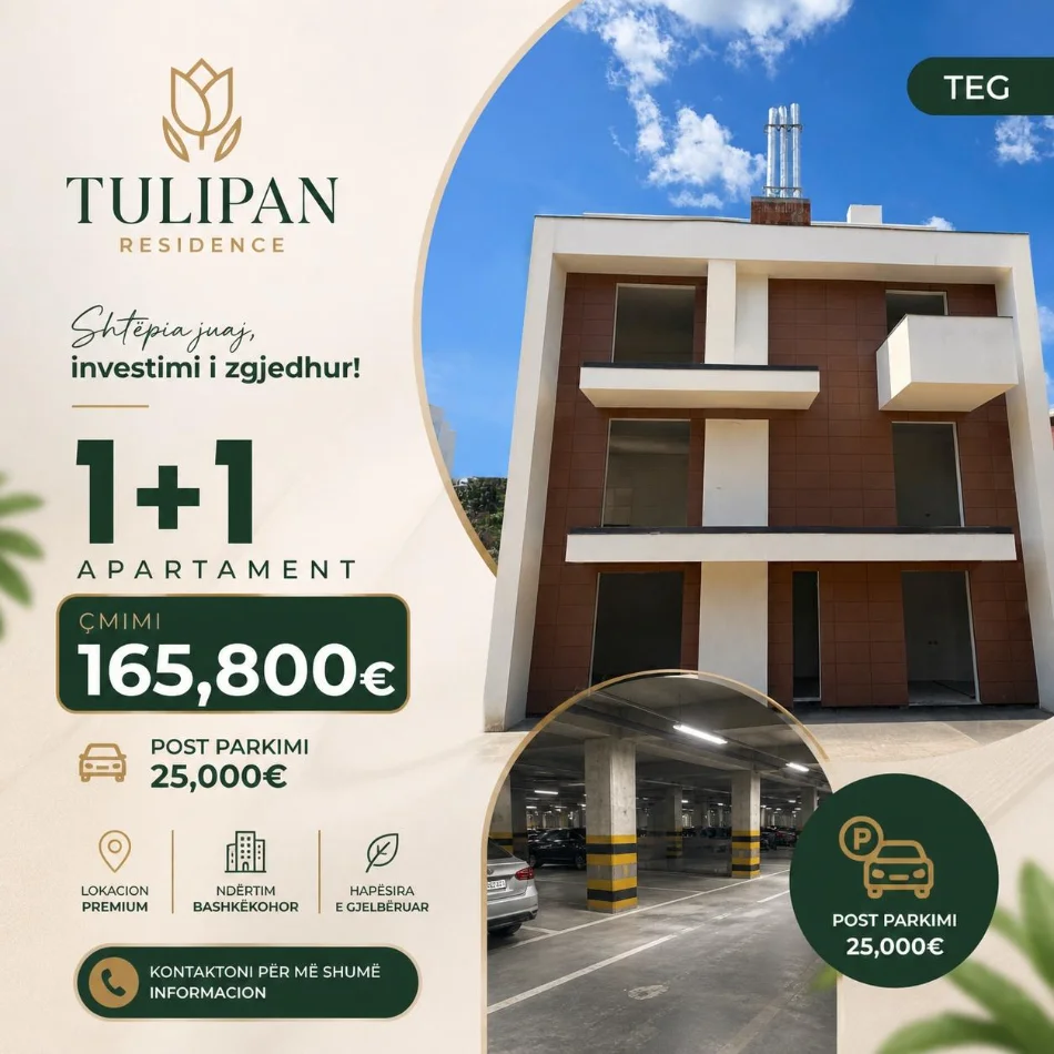 Tirane, shitet apartament 1+1+Ballkon Kati 2, 79 m² 165.800 € (Tulipan Residence)