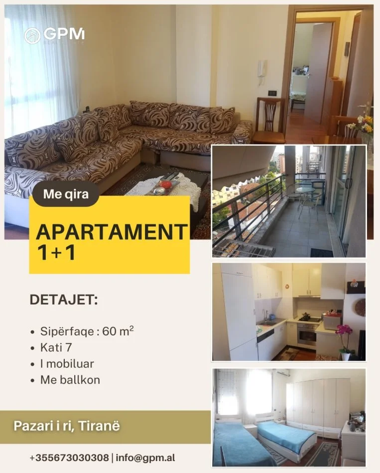 Tirane, jepet me qera apartament 1+1 Kati 7, 60 m² 700 €