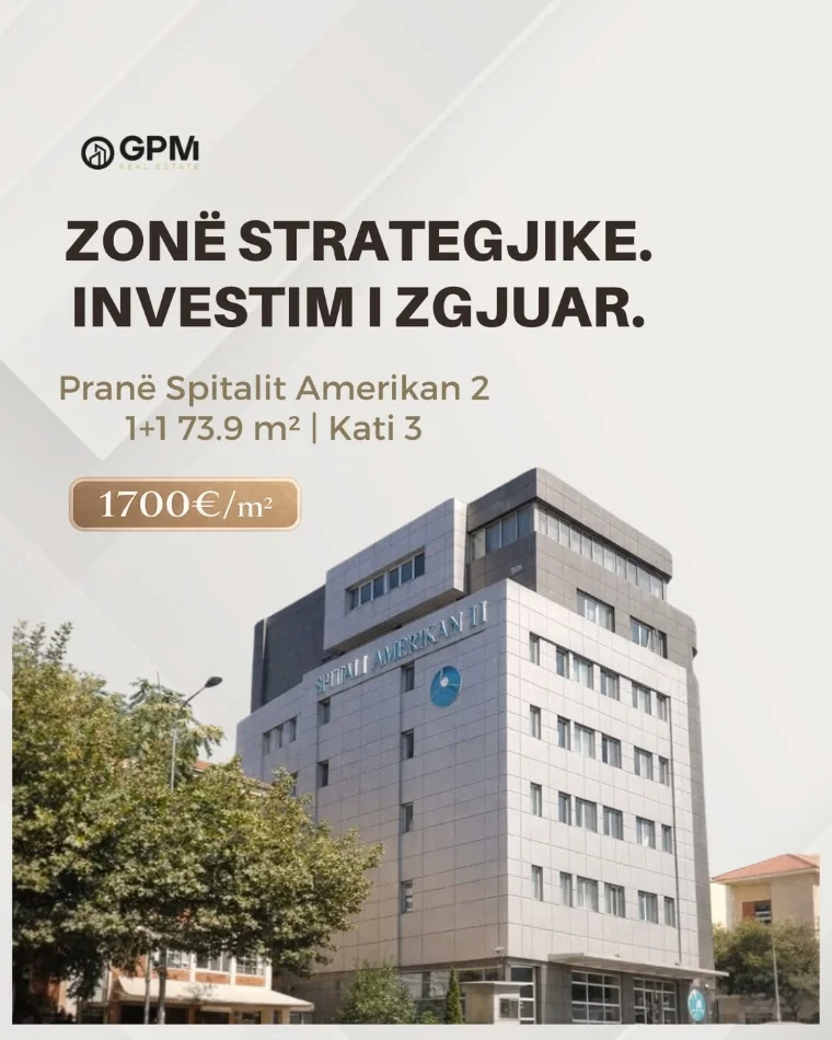 Spitalit Amerikan 2, ofrohet për shitje apartament 1+1 me sipërfaqe 73.9 m², në katin e 3, në një ndërtim të ri në fazë përfundimi.