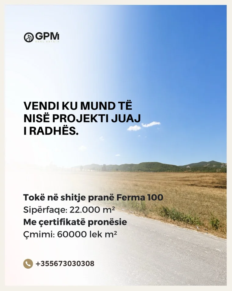 Shitet tokë në Vishaj, Tiranë, pranë Ferma 100, një mundësi me potencial për investitorët që kërkojnë sipërfaqe të konsiderueshme dhe perspektivë zhvi