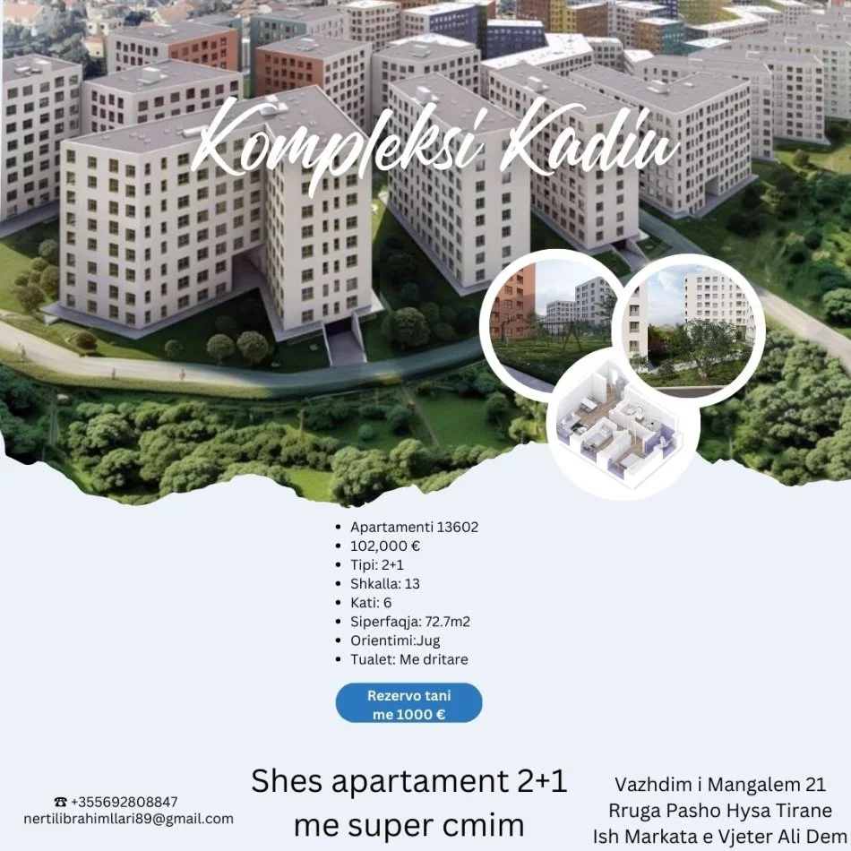 Tirane, shes apartament 2+1+Ballkon Kati 6, 73 m² 102.000 € (Rruga Pasho Hysa Tirane)
