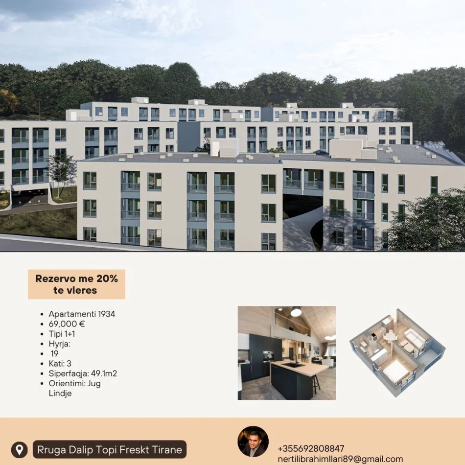 Tirane, shes apartament 1+1+Ballkon Kati 3, 49 m² 69.000 € (Rruga Dalip Topi Fresk Tirane)