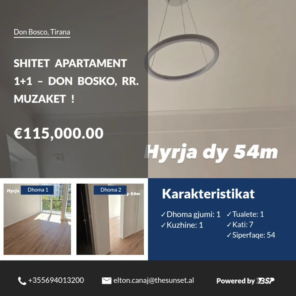 Tirane, shitet apartament 1+1 Kati 7, 54 m² 115.000 € (Don Bosko)
