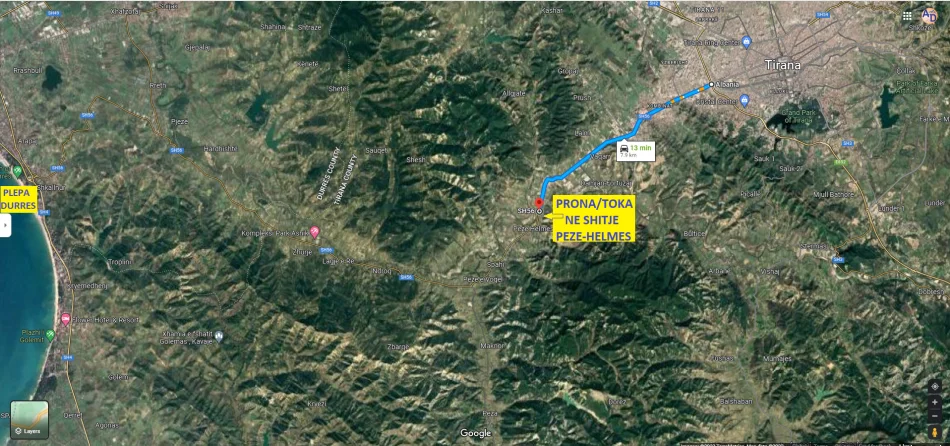 Tirane, Shitet Tokë/Truall, sipërfaqe 3'850 m², me Cmim 155 euro €/m2, neto në Pezë-Helmës-Ndroq- Plepa Durrës, pranë Urës Beshirit, 8-km nga Tirana, buzë rrugës / aksit nacional SH.56 Tiranë - Kombinat - Ndroq - Plepa, në krahun e djathtë drejtimi Tirane- Ura Beshirit Ndroq. .
