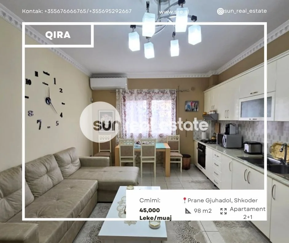 Shkoder, jepet me qera apartament 2+1+Ballkon Kati 1, 98 m² (PRANE GJUHADOL)