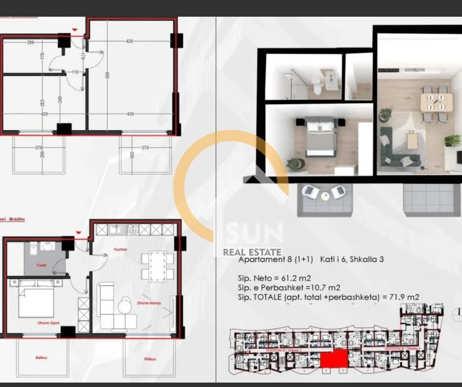 Shkoder, shitet apartament 1+1+Ballkon Kati 6, 71 m² 122.230 € (KUNE, SHENGJIN)