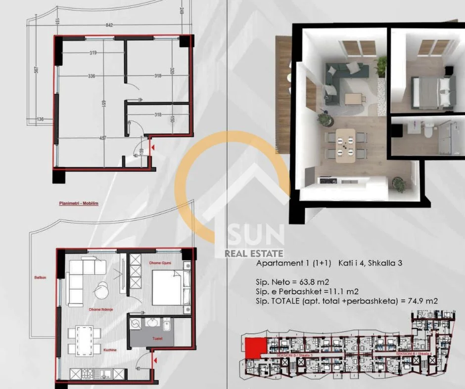 Lezhe Shengjin, shitet apartament 1+1+Ballkon Kati 4, 74 m² 126.480 € (KUNE, SHENGJIN)