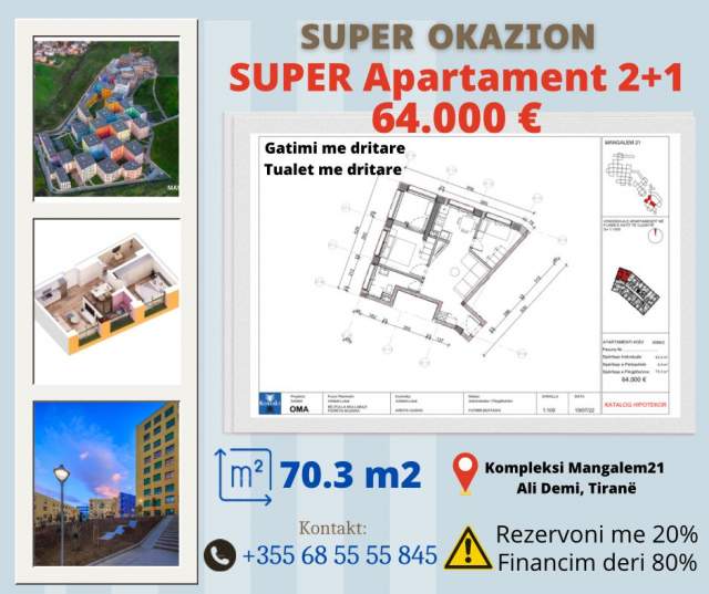 Tirane, shes apartament 2+1+BLK Kati 6, 71 m² 64.000 Euro (Ali Demi)