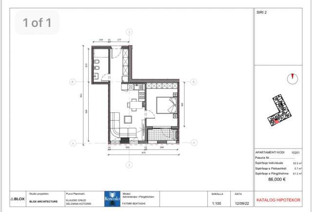 Tirane, shes apartament 1+1+BLK 62 m² 1.400 Euro/m2