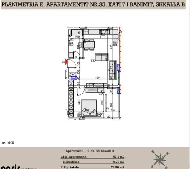 Tirane, shitet apartament 1+1+BLK Kati 7, 77 m² 96.000 Euro (Kompleksi Oasis)