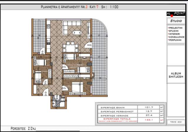 Tirane, shitet apartament 3+1+BLK Kati 7, 133 m² 99.000 Euro (Ali Shefqeti)