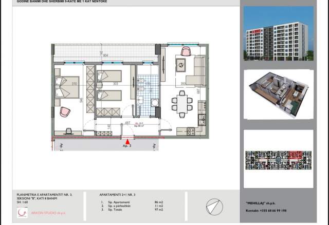Tirane, shitet apartament 2+1+BLK Kati 8, 97 m² 64.500 Euro (Rruga Teuta)