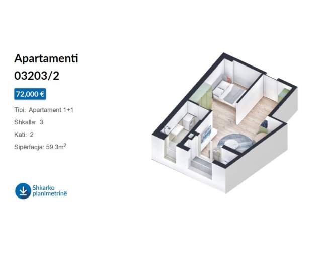 Tirane, shes apartament 1+1+BLK Kati 4, 60 m² 72.000 Euro (Rruga Pasho Hysa)