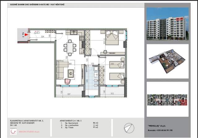Tirane, shitet apartament 2+1+BLK Kati 8, 97 m² 58.000 Euro (Rruga Teuta Kamez)