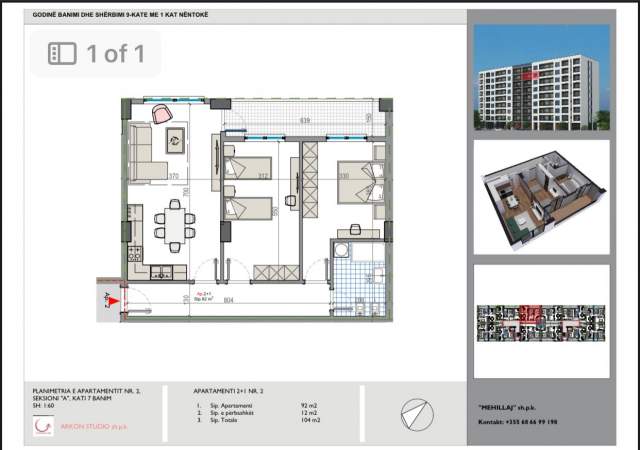 Tirane, shitet apartament 2+1+BLK Kati 7, 104 m² 64.000 Euro (Rruga Teuta Kamez)