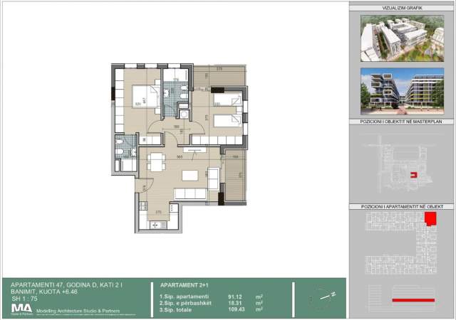 Tirane, shitet apartament 2+1+BLK Kati 2, 109 m² 87.200 Euro (Univers City)