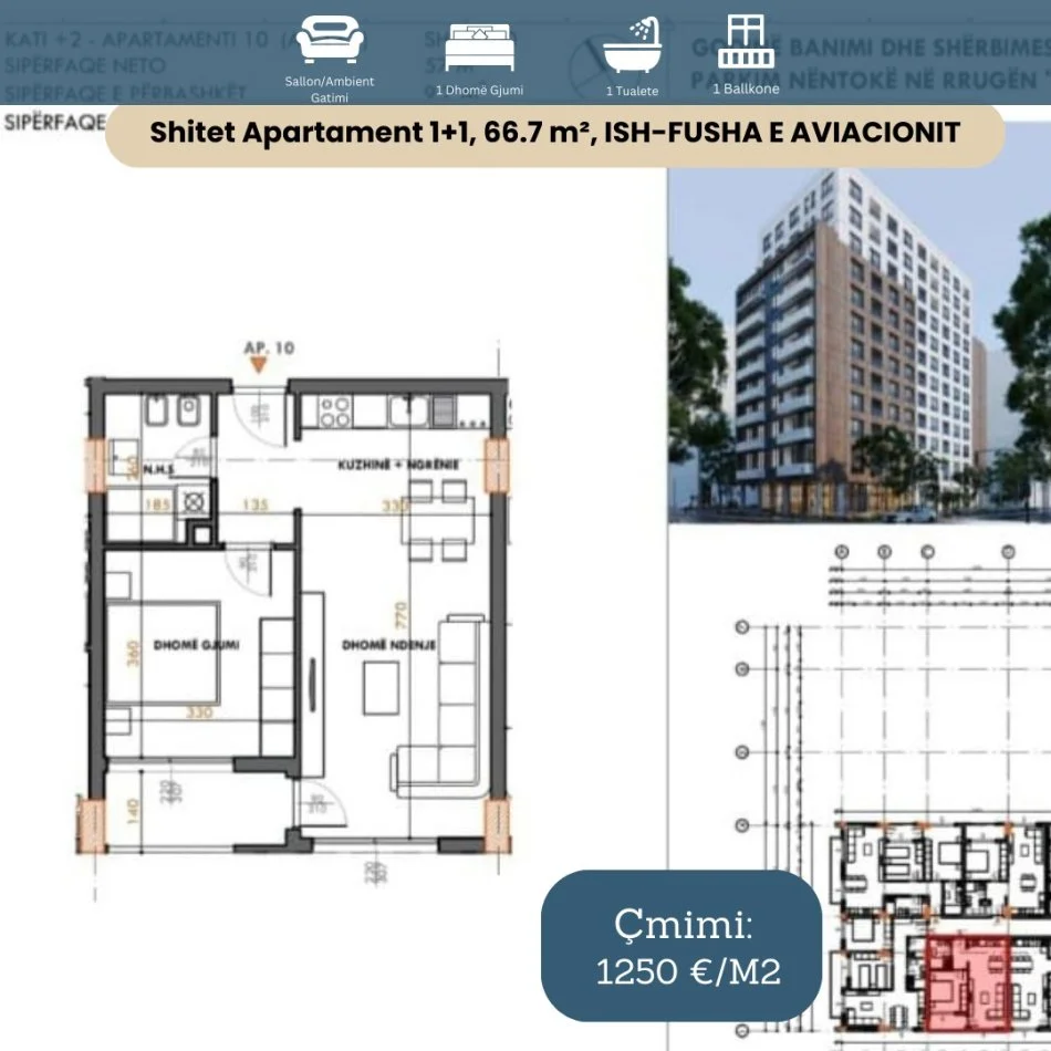 Tirane, shes apartament 1+1 Kati 2, 67 m² (Ish Fusha e Aviacionit)