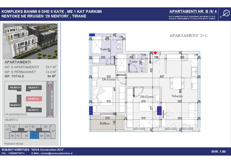 Tirane, shitet 2+1 Kati 5, 94 m² 103.500 € (Dogana)