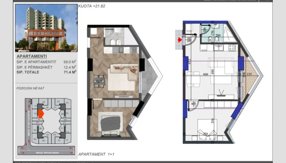 Tirane, shitet apartament 1+1+Ballkon Kati 7, 72 m² 118.000 € (Laprake)