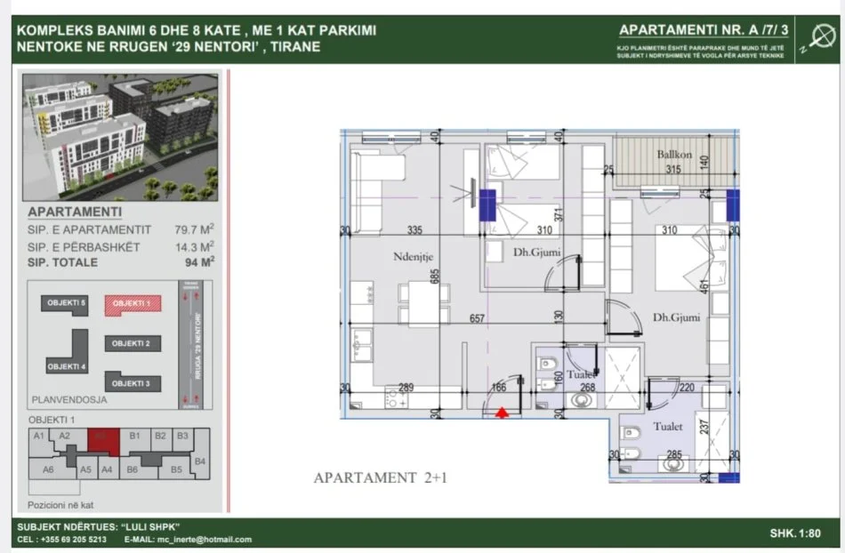 Tirane, shitet apartament 2+1+Ballkon Kati 7, 94 m² 108.500 € (Dritan Hoxha Casa Italia)