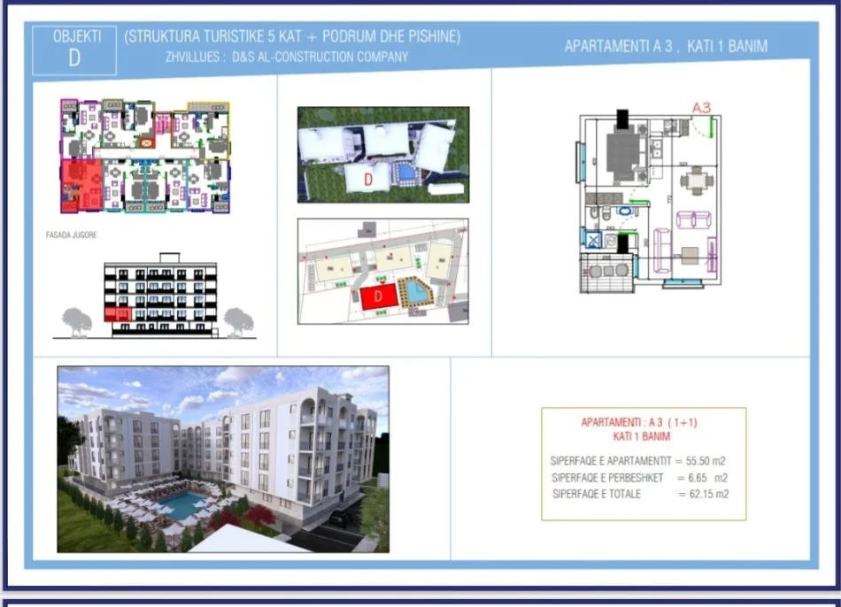 Durres, shitet apartament 1+1+Ballkon Kati 2, 62 m² (Golem)