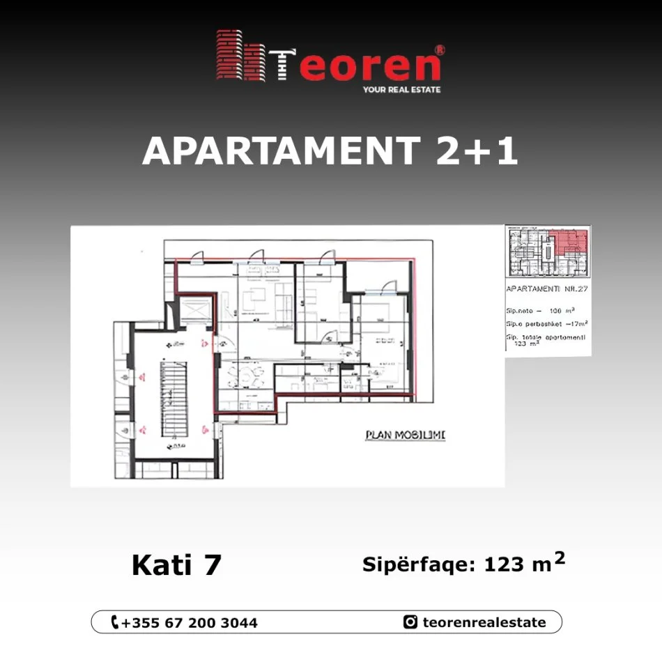 Tirane, shiten apartamente 2+1+Ballkon Kati 7, 123 m² & 133  m² me 2000 €  m² (Rruga Elbasanit)