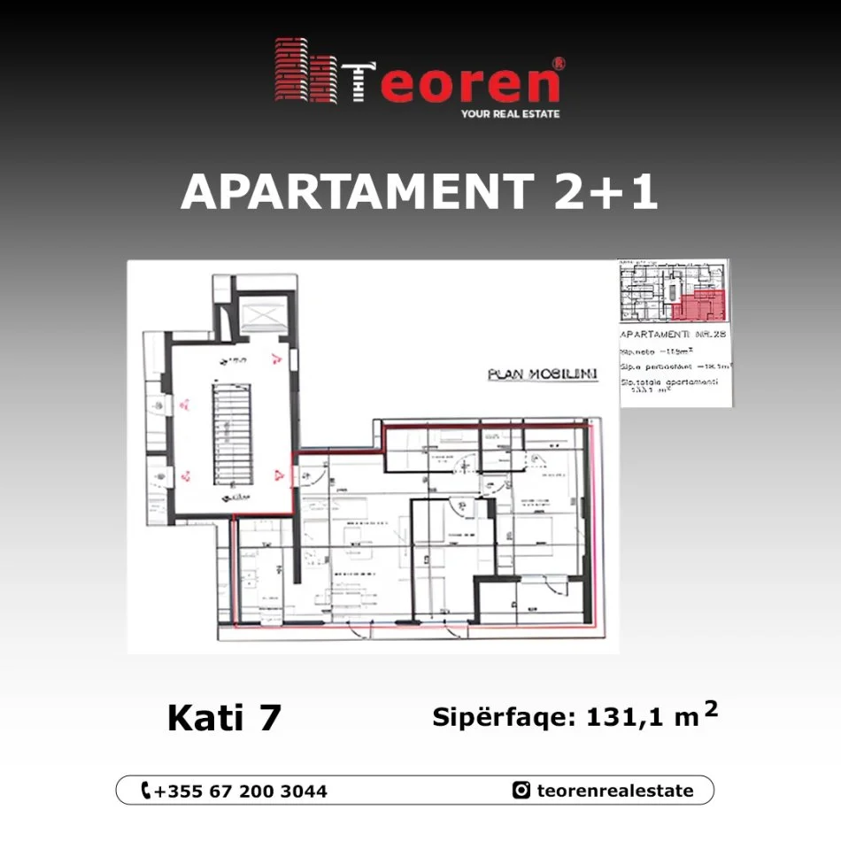 Tirane, shiten apartamente 2+1+Ballkon Kati 7, 123 m² & 133  m² me 2000 €  m² (Rruga Elbasanit)