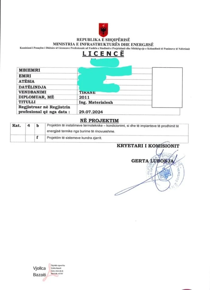 Tirane, ofroj Inxhinieri Licence projektimi