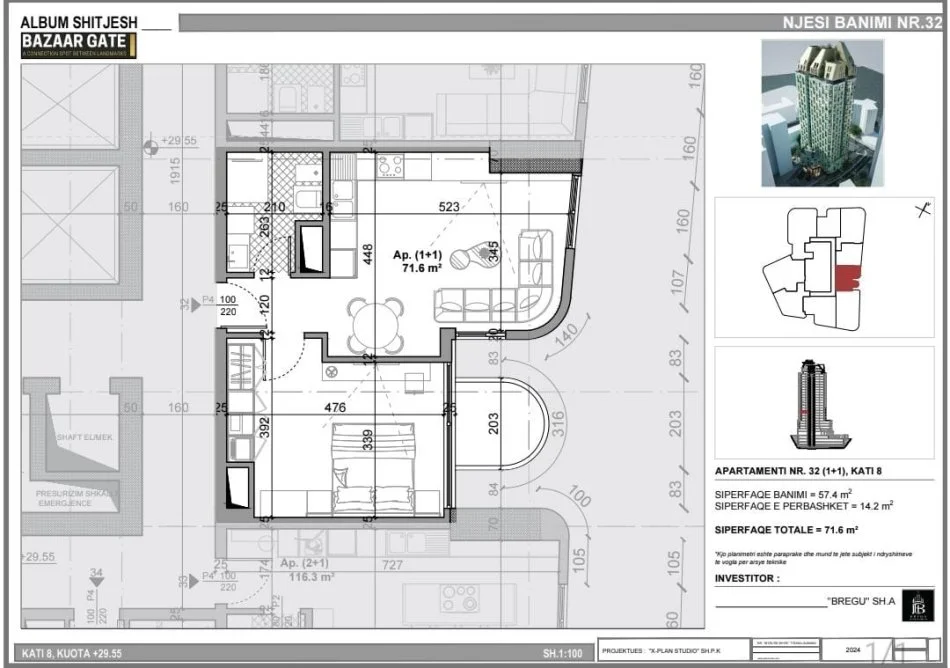 Tirane, shitet apartament 1+1 Kati 8, 72 m² 220.000 € (PAZARI I RI)