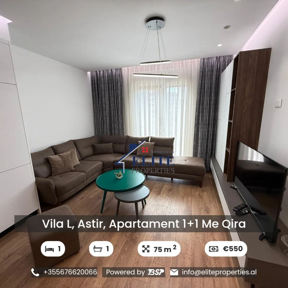 Tirane, jepet me qera apartament 1+1+Ballkon Kati 5, 75 m² 550 € (Astir)
