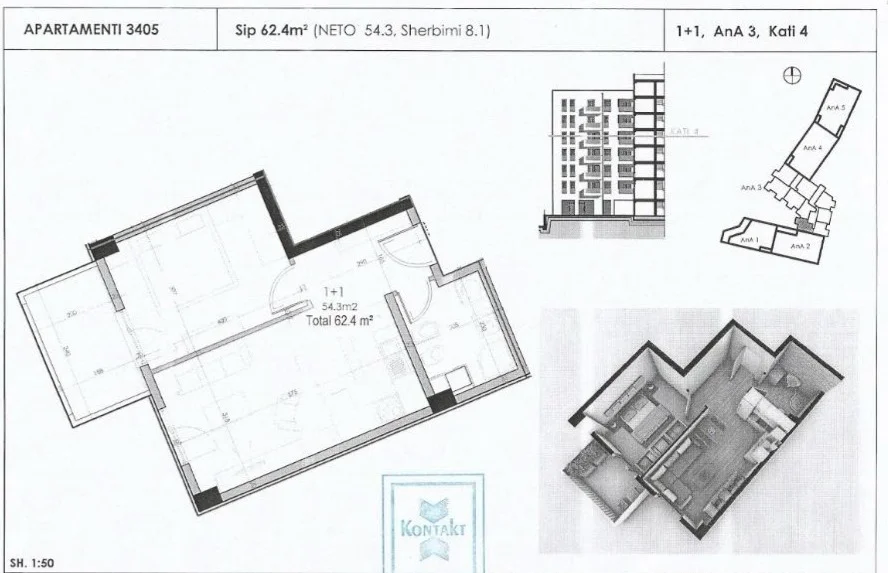 Tirane, jepet me qera apartament 1+1+Aneks+Ballkon Kati 4, 624 m² 540 € (Rruga Budi, AnA Residence)