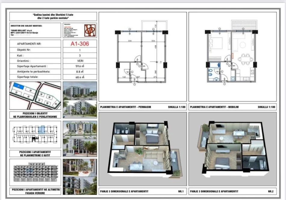 Qerret, shitet apartament 1+1+Ballkon Kati 3, (qerret)