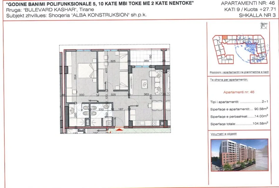 Tirane, shitet apartament 2+1 "Astir" Kati 3, 105 m² 125.500 €