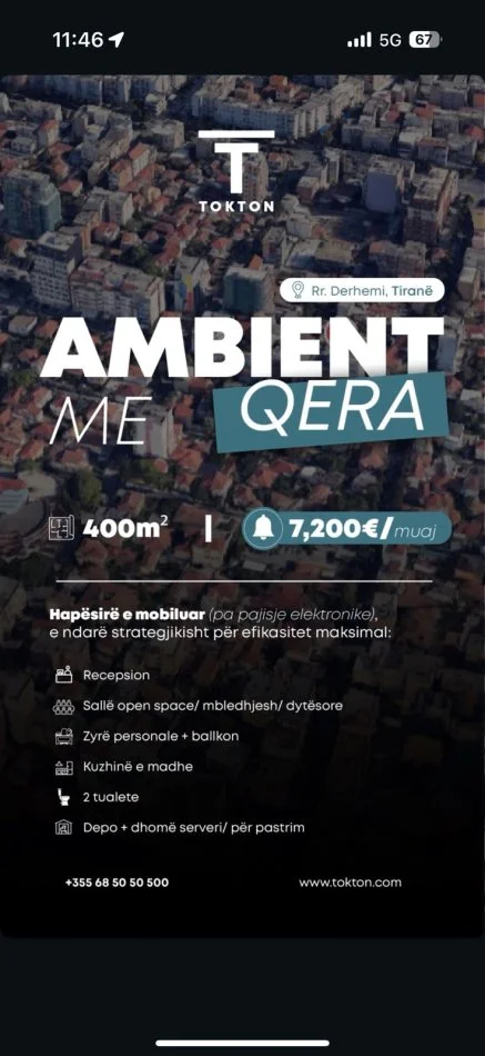 Tirane, jepet me qera ambjent biznesi Kati 5, 400 m² 7.200 € (Rruga Derhemi)