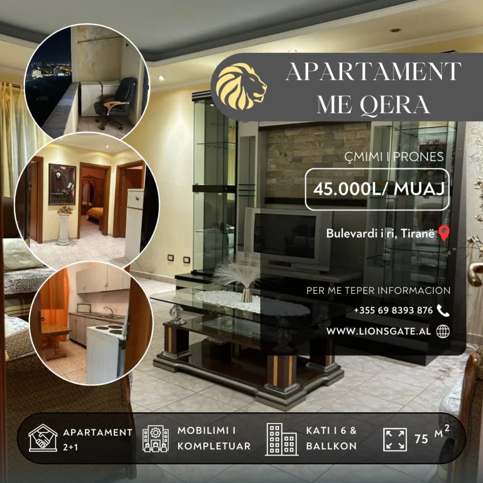 Tirane, jepet me qera apartament 2+1+Ballkon Kati 6, 75 m² 450 € 