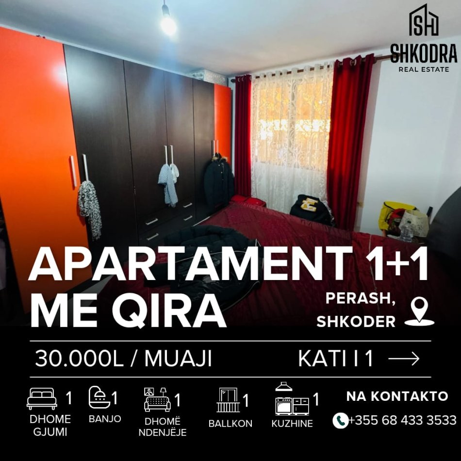 Shkoder, jepet me qera apartament 1+1+Ballkon Kati 0, 55 m² 300 € (Perash, Rruga Koplikej)