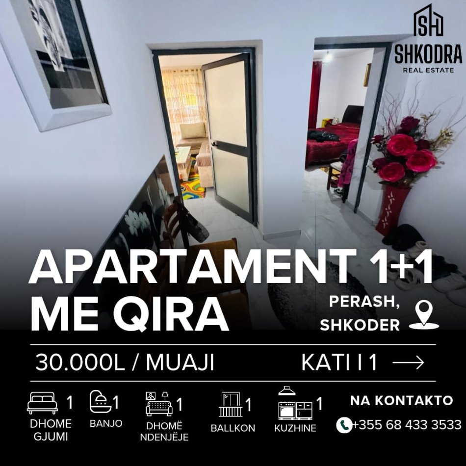 Shkoder, jepet me qera apartament 1+1+Ballkon Kati 0, 55 m² 300 € (Perash, Rruga Koplikej)