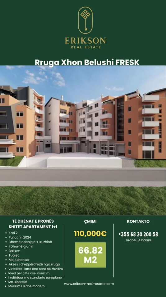 Tirane, shitet apartament 1+1+Ballkon Kati 2, 67 m² 110.000 € (Rruga Xhon Belushi )