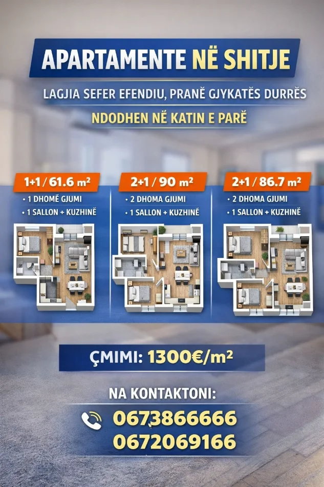 Durres, shitet apartament 2+1+Ballkon Kati 1, 90 m² (Lagjia Sefer Efendiu)